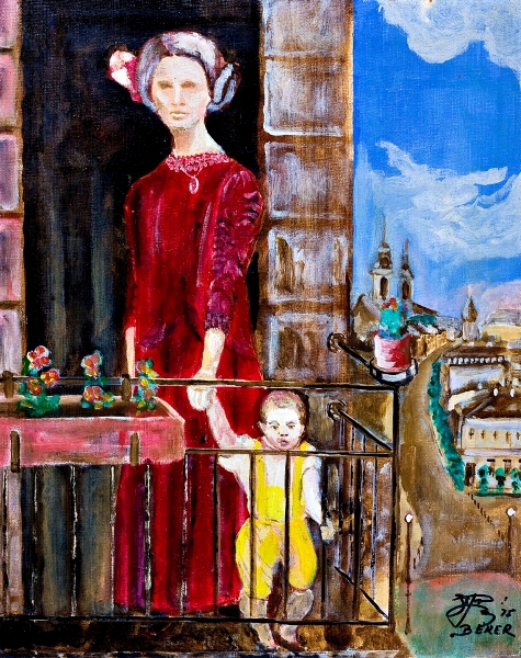 Z matką na balkonie domu